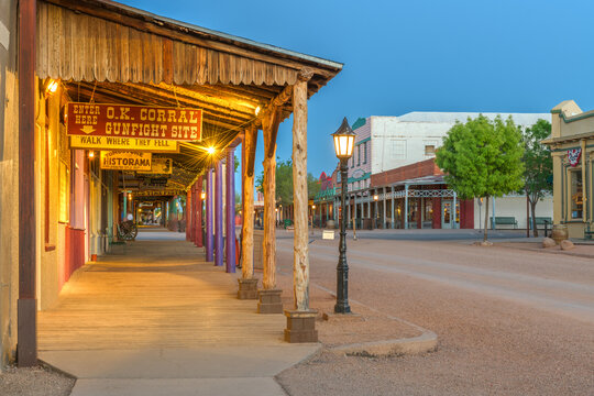 TOMBSTONE, ARIZONA - APRIL 17, 2018: The O.K. Corral Gunfight Site at twilight. The site is known for the most famous shootout in the history of the American Wild West.