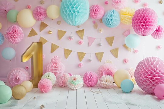Pastel Birthday Party Decoration with Golden Number One