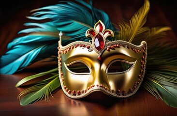 carnival mask on a black background. chic, carnival, Venetian mask, decorated with feathers.