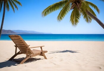 A wooden beach chair on sandy shore with palm tree leaves in the foreground and clear blue sky, calm sea, and distant hills in the background