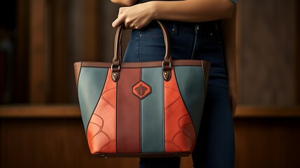 A retro-inspired patchwork tote bag for women, vintage craftsmanship, and a patchwork design, mockup, showcased against a matte clay surface - obrazy, fototapety, plakaty
