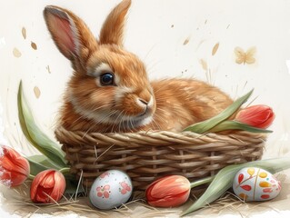 rabbit with basket of tulips