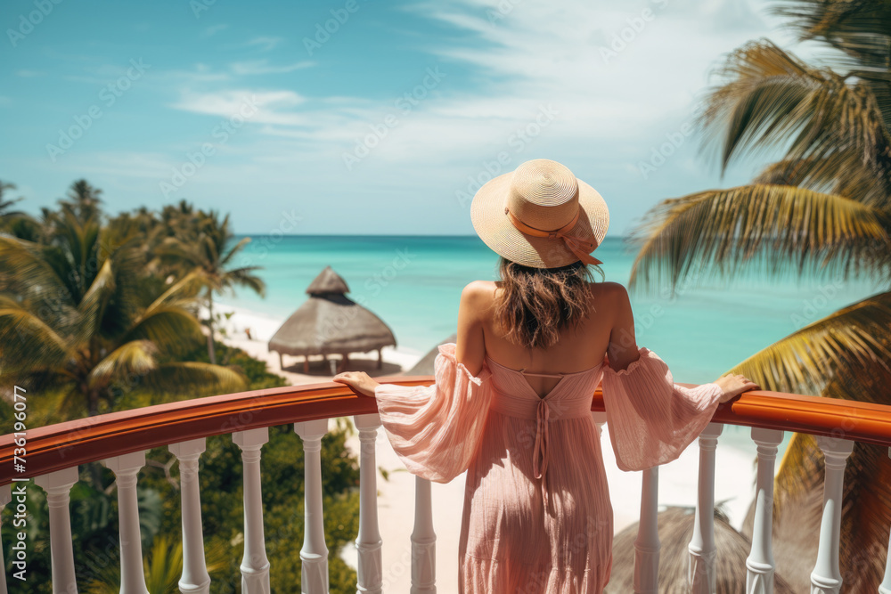 Sticker woman stand on balcony in hotel on tropical ocean view in summer