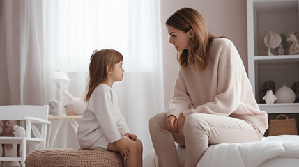 Fototapeta na wymiar Jolly mother talking with her little girl in bedroom