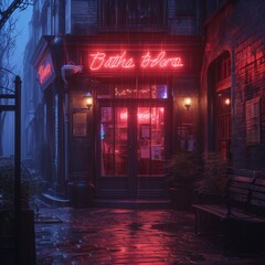 neon signs in fog cityscape