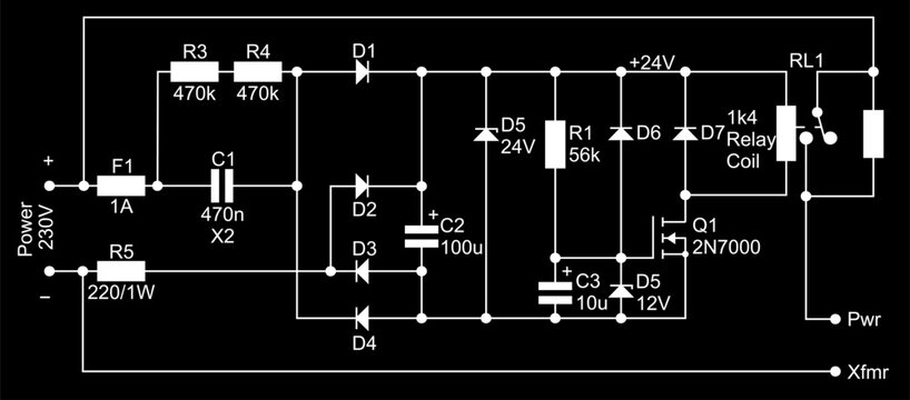 Technical schematic diagram of electronic device.
Vector drawing electrical circuit with resistor,
diode, relay coil, fuse, zener, capacitor,
other electronic components.