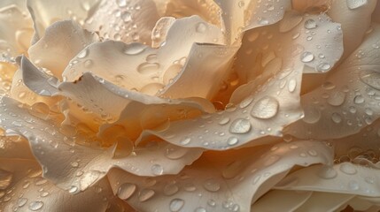A close-up of dew-kissed rose petals, each glistening in the soft morning light, exuding delicate elegance and natural beauty