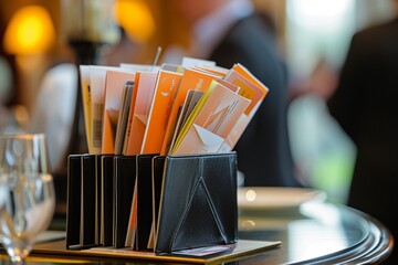 A high-end business card holder filled with cards from various attendees, symbolizing the diversity...