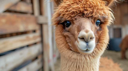 Foto op Canvas Portrait of an alpaca isolated face. Cute funny expression. © Fary