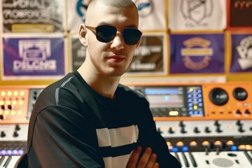 Fototapeta premium Music producer sit in a music studio. Wearing dark sunglasses