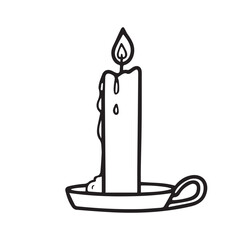 Obraz premium Image of a burning candle on a stand. Vector illustration with doodle drawing style isolated on white background.