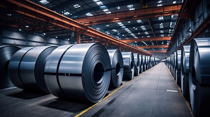 Packed rolls of steel sheets, cold rolled steel coils in factory warehouse - obrazy, fototapety, plakaty