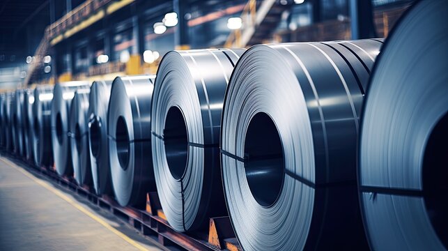 Packed rolls of steel sheets, cold rolled steel coils in factory warehouse