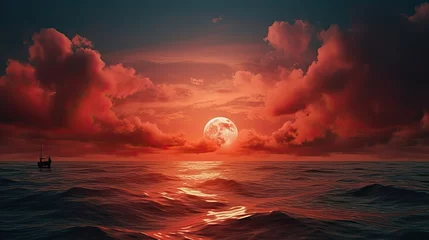 Foto op Plexiglas dramatic natural sky,round moon on the sea,red clouds. Shadows in moon resemble a rabbit or hare as is legend in Chinese folklore. Total solar eclipse is approaching © paisorn