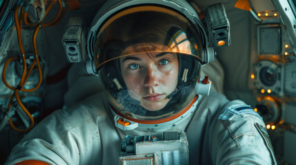 Female astronaut in the cabin of a spaceship.