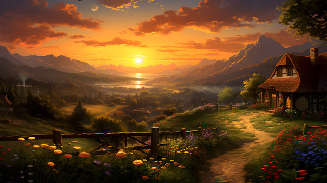 Sunset on the hills with a fence and a house in the background,,
landscape during sunset nightcore high quality Free Photo

