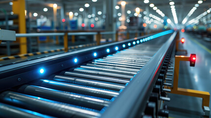 Product conveyor belt In the factory, products are sorted to be forwarded to customers.