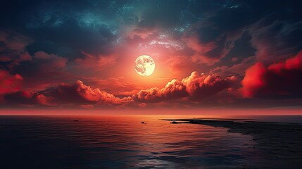 dramatic natural sky,round moon on the sea,red clouds. Shadows in moon resemble a rabbit or hare as is legend in Chinese folklore. Total solar eclipse is approaching - obrazy, fototapety, plakaty