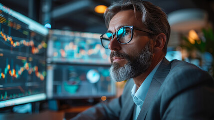 A man in a business suit behind a monitor screen.
