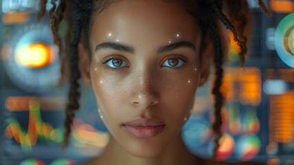Close-up futuristic portrait of a biorobot woman with artificial intelligence.