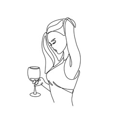 Woman with glass of wine, girl silhouette, continuous line drawing, fashion tattoo, club, bar, print for clothes, emblem logo design, beauty salon, cosmetics, isolated vector illustration.