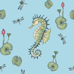 Seahorse and dragonflies pattern