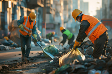workers wearing hard hats, protective vests and gloves separating and picking up plastic bags of garbage cleaning up the polluted city