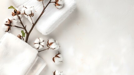 Serene spa setting with fluffy white towels and cotton branches. simplicity and purity concept. wellness and relaxation theme. AI