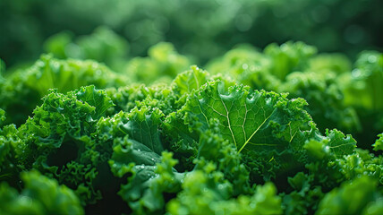 Sun-kissed dewy kale leaves, focusing on the vibrant green textures of the fresh leafy greens.
