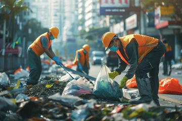 Foto op Canvas workers wearing hard hats, protective vests and gloves separating and picking up plastic bags of garbage cleaning up the polluted city © Kien