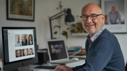 Smiling man working on computer in a home office. casual business style. indoor portrait, creative occupation. AI