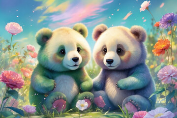 two little bears in a flower meadow
