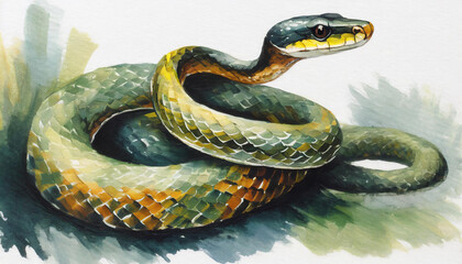 Obraz premium Oil painting of a snake on pure white background canvas, copyspace on a side