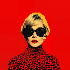 Pop collage Illustration of a beautiful female fashion model with sunglasses over scolorful and...