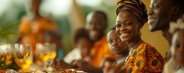 A loving African family embracing culture over a formal dinner filled with pride. Concept Cultural Pride, African Family, Formal Dinner, Embracing Tradition - obrazy, fototapety, plakaty