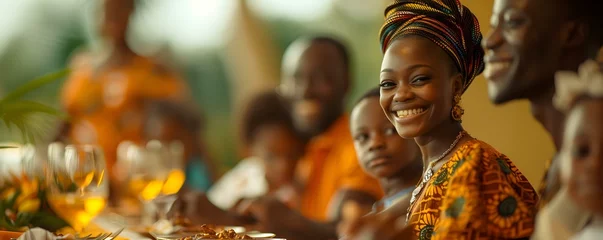 Tuinposter A loving African family embracing culture over a formal dinner filled with pride. Concept Cultural Pride, African Family, Formal Dinner, Embracing Tradition © Ян Заболотний