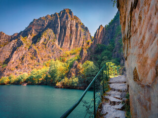 Picturesque summer view of Matka Canyon with touriststone track. Majestic morning scene of North Macedonia, Europe. Traveling concept background. - obrazy, fototapety, plakaty