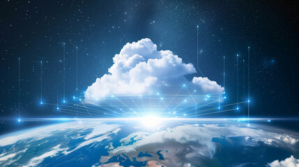 Digital Concept Illustration of a Glowing Neural Network Cloud Above Earth