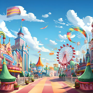 Amusement park with attractions. Cartoon  illustration for children.