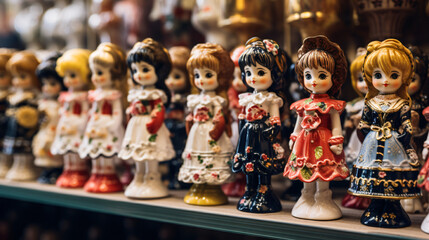 Porcelain dolls in Prague market sold as souvenirs.