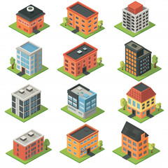Vector illustration of isometric city buildings in urban architecture with skyscrapers, streets, and homes