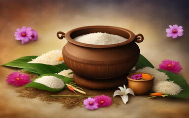 Fototapeta na wymiar Happy Pongal Celebration Background With Traditional Dish Rice In Mud Pot and flowers. Pongal Harvest Festival India celebrated by Tamil