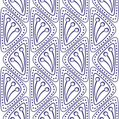 Seamless pattern in classic style on transparent background. White, blue, gray monochrome vector illustration. Stilized floral ornament from repeating roundish triangles. For printing design projects.