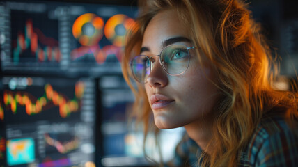 Beautiful businesswoman carefully studying statistical data