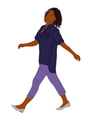 Fototapeta na wymiar Black Business woman walking side view. Pretty african american girl in smart casual spring, summer street style outfit. Vector realistic illustration isolated on transparent background.