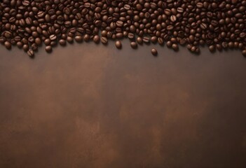 Coffee beans scattered on a brown textured surfac