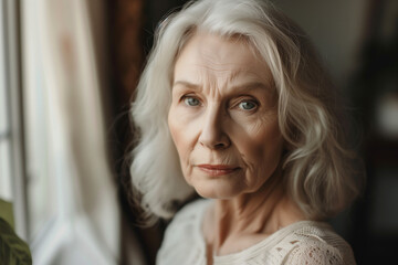 Сlose up portrait of beautiful 55 - 65 year old woman. Senior older female portrait