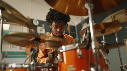 Fototapeta na wymiar Drum lessons. Boy learning to play drums