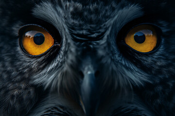 Naklejka premium Close-up Owl Eyes in Nature: Detailed view of a majestic owl's intense gaze, showcasing its striking black, yellow, and green eyes, feathers, and beak