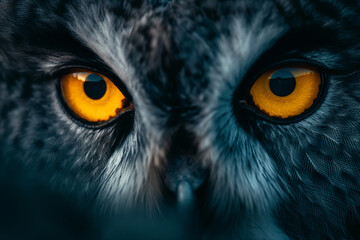 Close-up Owl Eyes in Nature: Detailed view of a majestic owl's intense gaze, showcasing its striking black, yellow, and green eyes, feathers, and beak